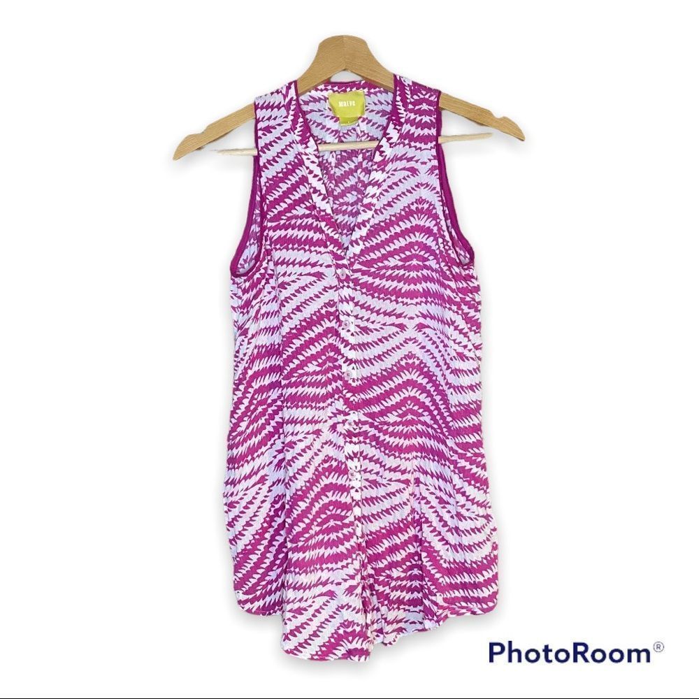 Maeve Anthropologie Sleeveless Button Up Top in Pink and White Sz 2